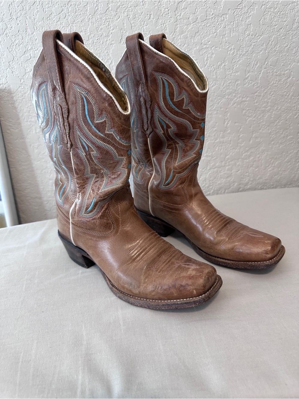 Old West 18006 Brown Leather Turquoise Embroidered Cowboy Boots 7.5 - Picture 3 of 9
